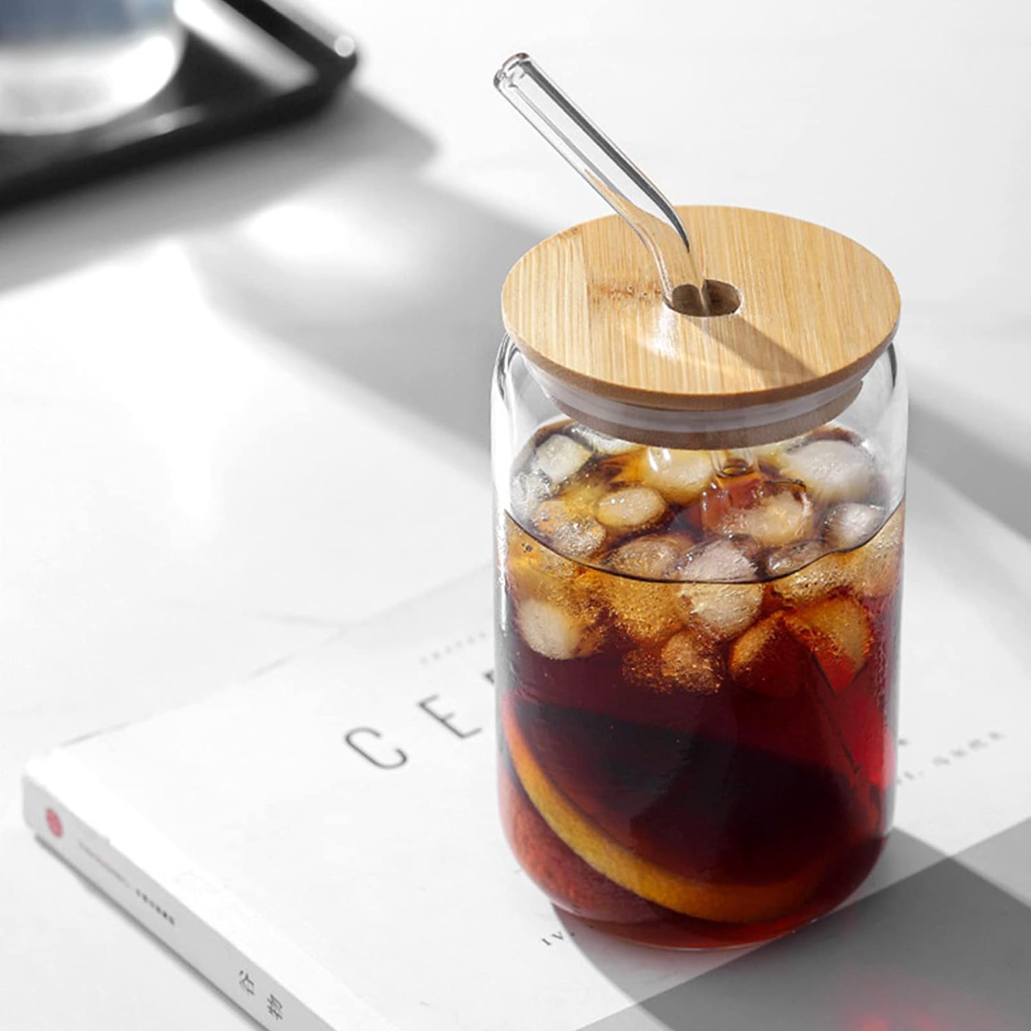 Drinking Glasses with Bamboo Lids, Glasses with Glass Straw, Can Shaped Glass Cups with Lids and Straws, Beer Glasses with Cleaning Brushes -Pack of 2 (16oz ) Drinking Glasses with Bamboo Lids, Glasses with Glass Straw, Can Shaped Glass Cups with Lids and Straws, Beer Glasses with Cleaning Brushes -Pack of 2 (16oz )